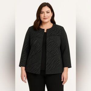 Catherines Professional Blazer Jacket Office Chevron Zebra Print 3/4 Sleeve 2X